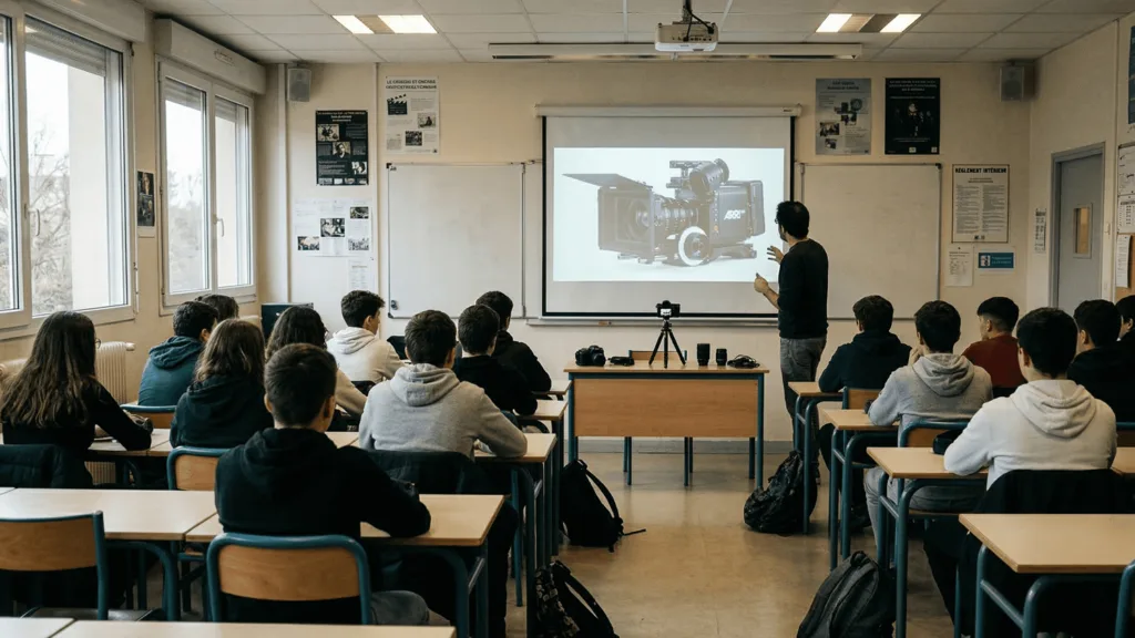 Formateur présentant une caméra professionnelle à un groupe d'élèves lors d'un atelier cinéma en salle de classe.