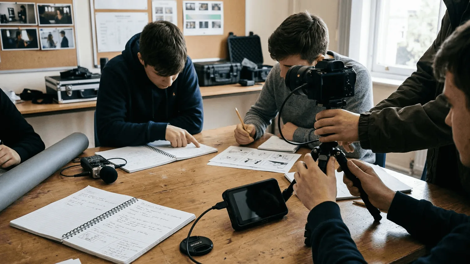 atelier02 | Saparen Prod | Saparen Prod Jeunes participants engagés dans un atelier pratique de cinéma manipulant du matériel de prise de vue professionnel autour dune table de travail avec des notes et des documents techniques