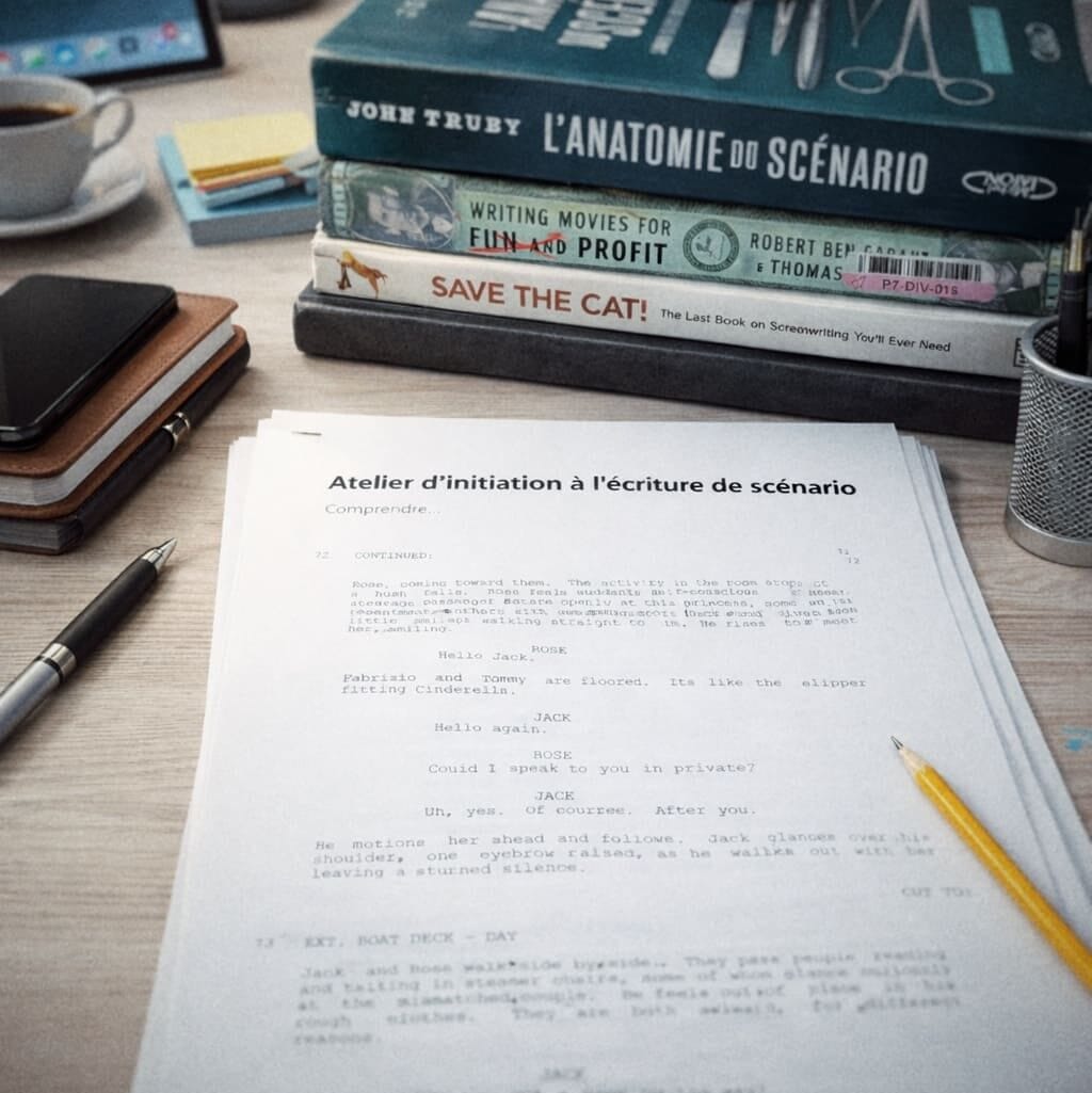 Bureau datelier décriture de scénario avec un script manuscrit intitulé  Atelier dinitiation à lécriture de scénario  un crayon posé dessus et plusieurs livres de référence sur lécriture cinématographique en arrière plan