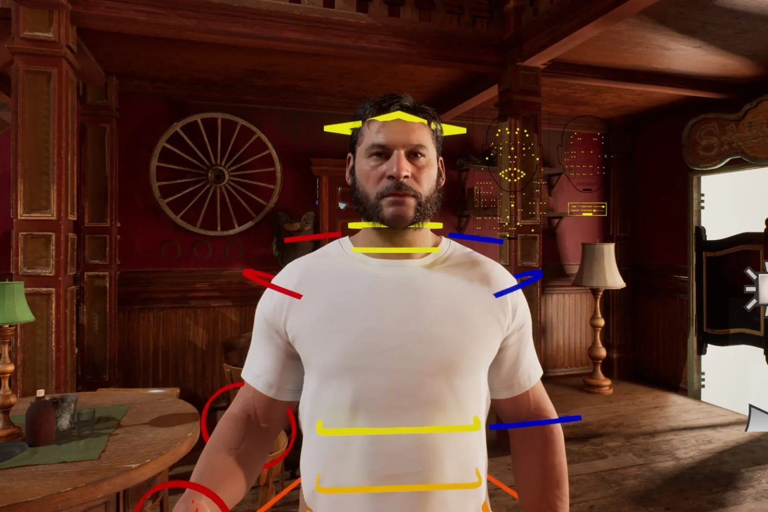 Modèle de personnage masculin avec marqueurs de rigging VFX dans une scène datelier utilisé lors dune session datelier Unreal EngineVFX