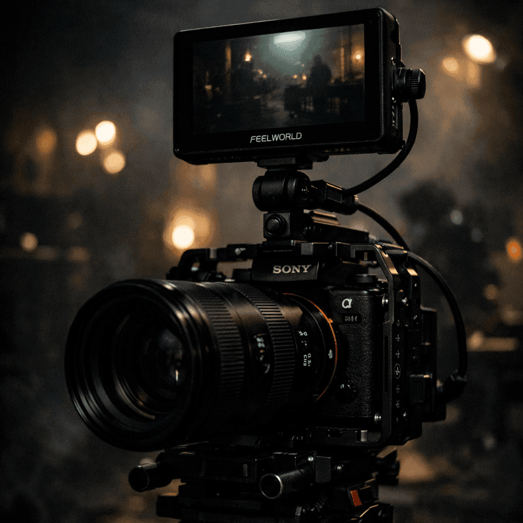 Caméra cinéma Sony avec moniteur externe Feelworld sur fond de bokeh flou