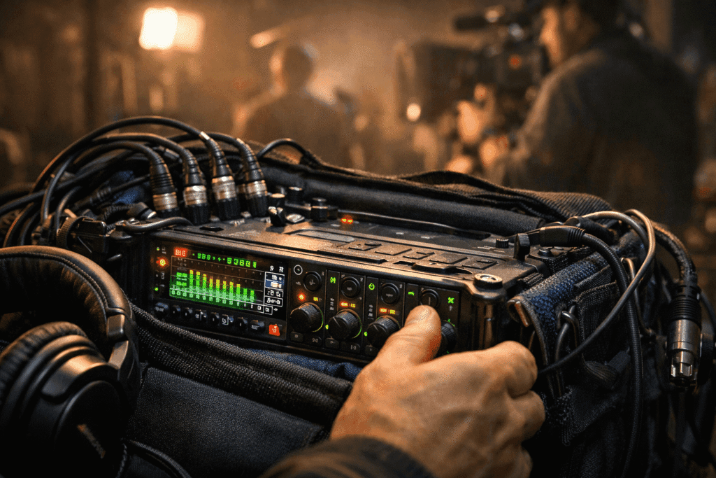 enregistreur01 | Saparen Prod Technicien son manipulant un enregistreur audio professionnel multi pistes sur un plateau de tournage avec des câbles et un casque audio visibles en arrière plan