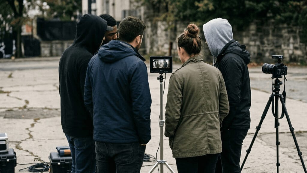 Équipe de tournage en extérieur composée de plusieurs techniciens et réalisateurs observant un moniteur de caméra sur trépied dans un cadre urbain