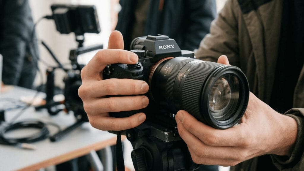 Caméraman tenant une caméra Sony sur un plateau de tournage professionnel